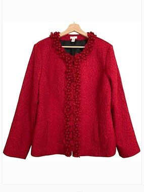 CHICOS Red Ruffled Berry Trimmed Crinkle Textured Jacket